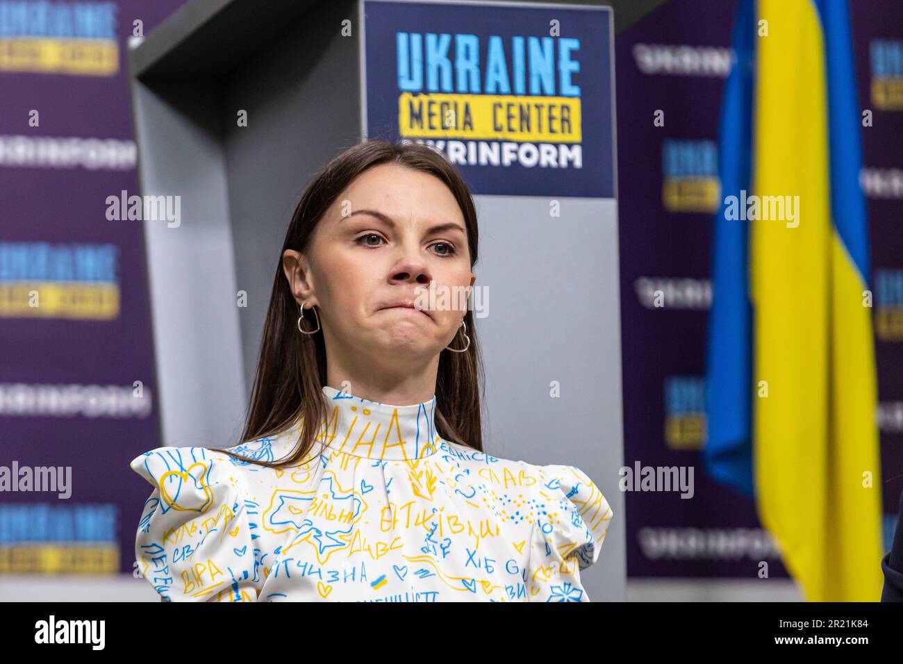 Sofiia Cherepanova, sister of a captured Azovstal defender attends at the press conference in Ukrainian Media Centre Ukrinform. Ukrinform - Ukrainian information agency - hosts a press conference entitled “A year of leaving Azovstal steelworks: cry out, as it's impossible to be silent” by representatives of Women of Steel NGO. Women of Steel is a Ukrainian NGO that gathers mothers, wives and other members of families of Azovstal defenders. Azovstal fighters were sent to Russian prison on May 16, 2022, exactly a year ago. Members of their families say that since then there is no contact with th Stock Photo