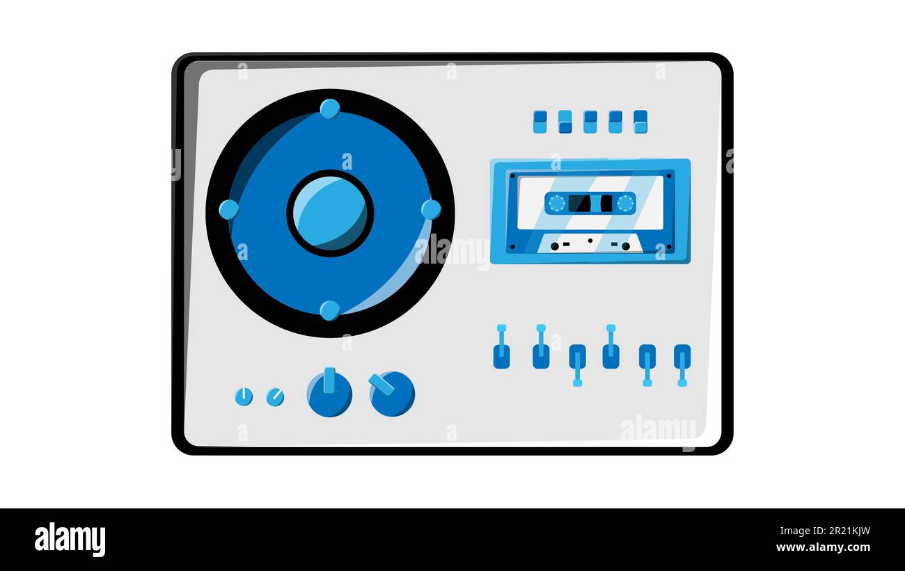 Old retro vintage white music cassette tape recorder with magnetic tape on reels and speakers from the 70s, 80s, 90s. Beautiful icon. Vector illustrat Stock Vector