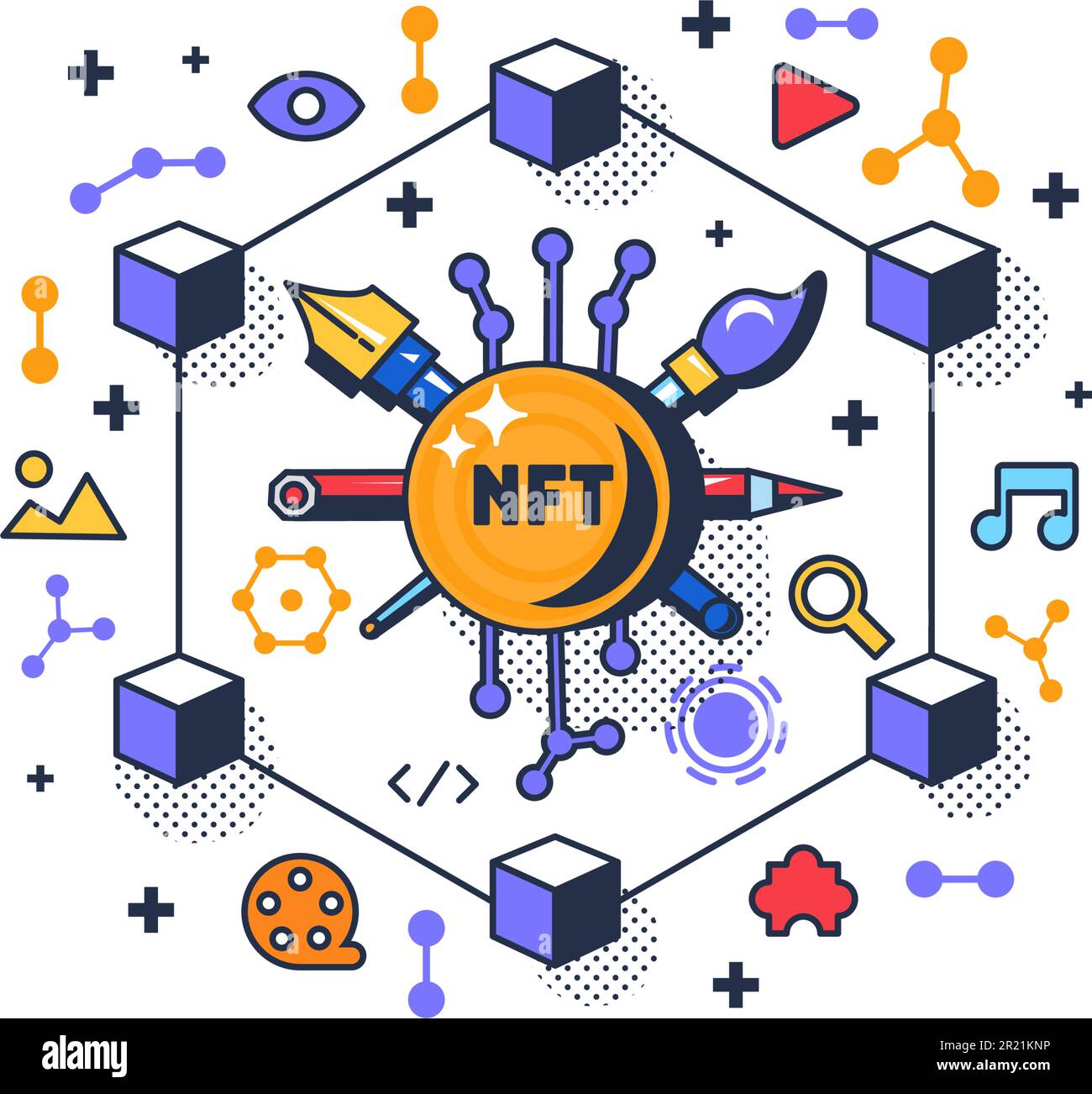 Decentralize nft crypto for purchasing vector. Digital cryptocurrency decentralizing for purchase media file and online service. Economy transaction a Stock Vector