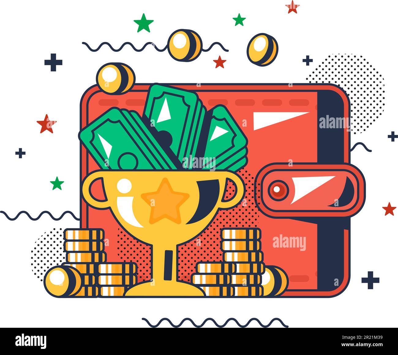 Cash financial prize reward in competition vector. Money and golden cup award win in sport championship or online casino gambling game. Dollar banknot Stock Vector