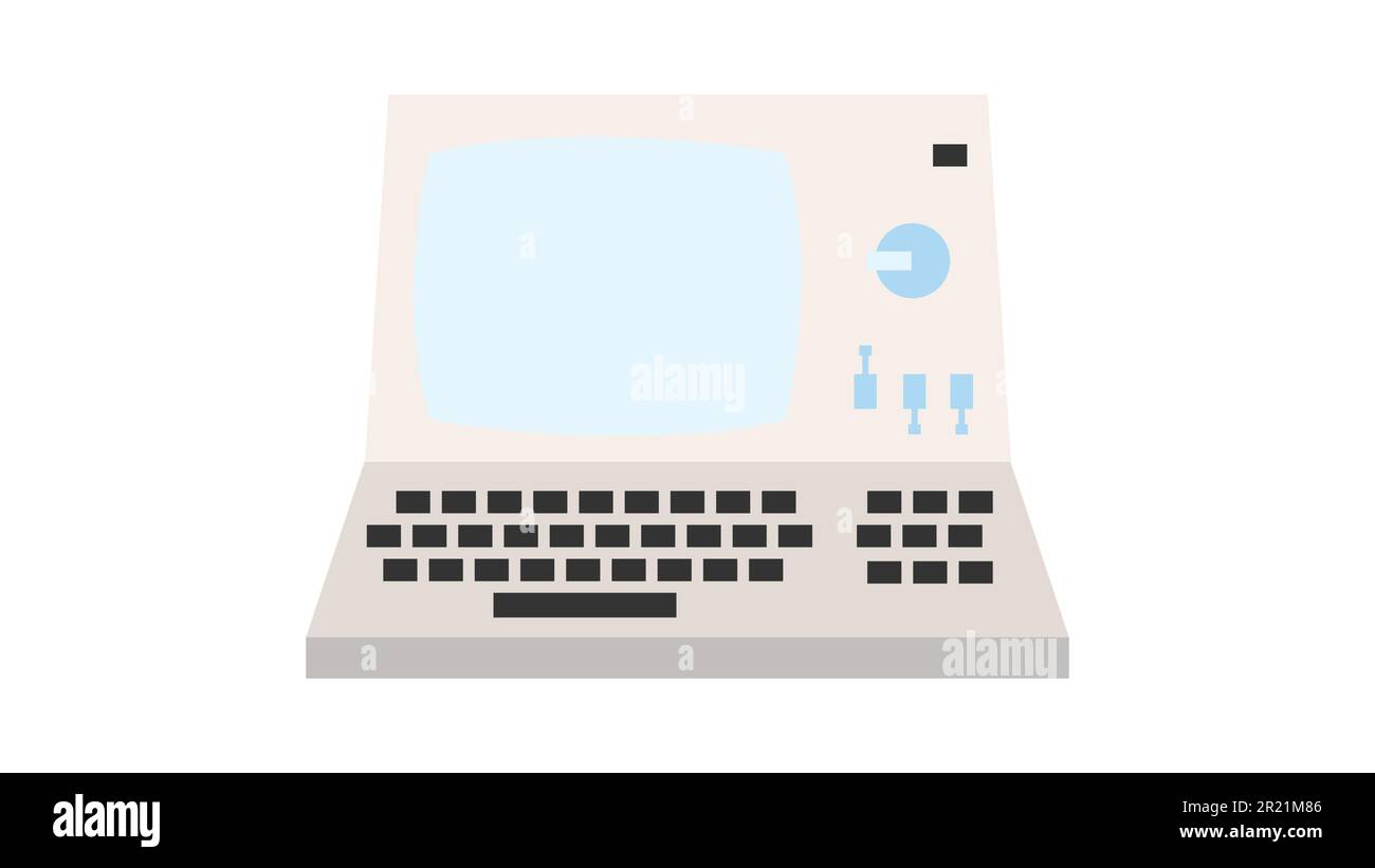 Old retro vintage hipster computer, pc with monitor and keyboard from 70s, 80s, 90s. Beautiful white icon. Vector illustration. Stock Vector