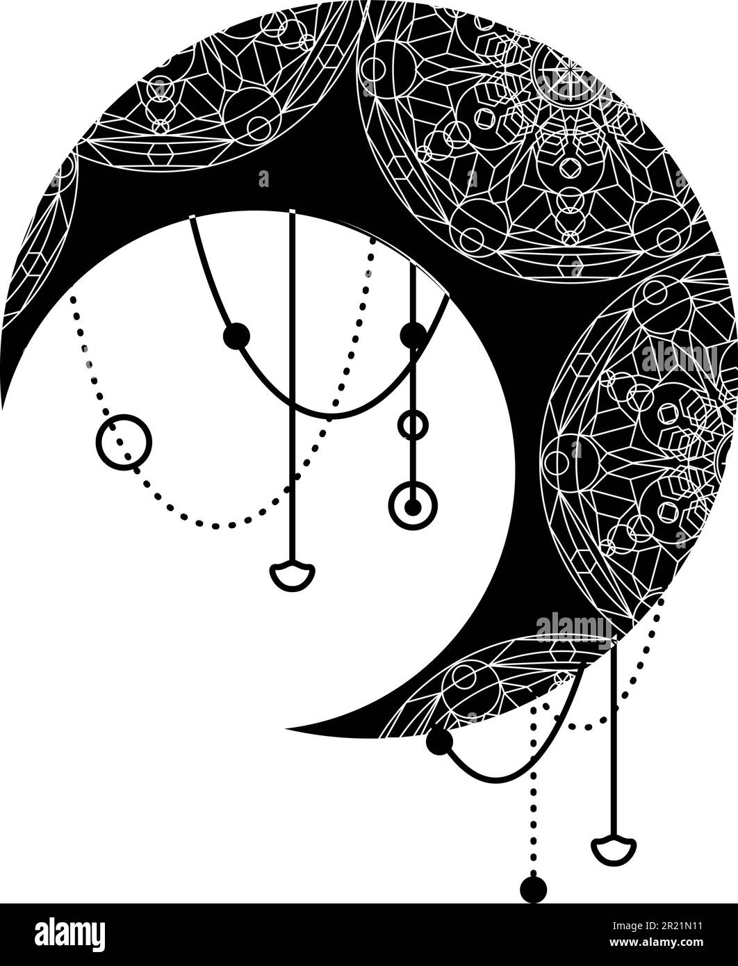 Black moon, crescent symbol with decorative ornament. Mystic symbol in