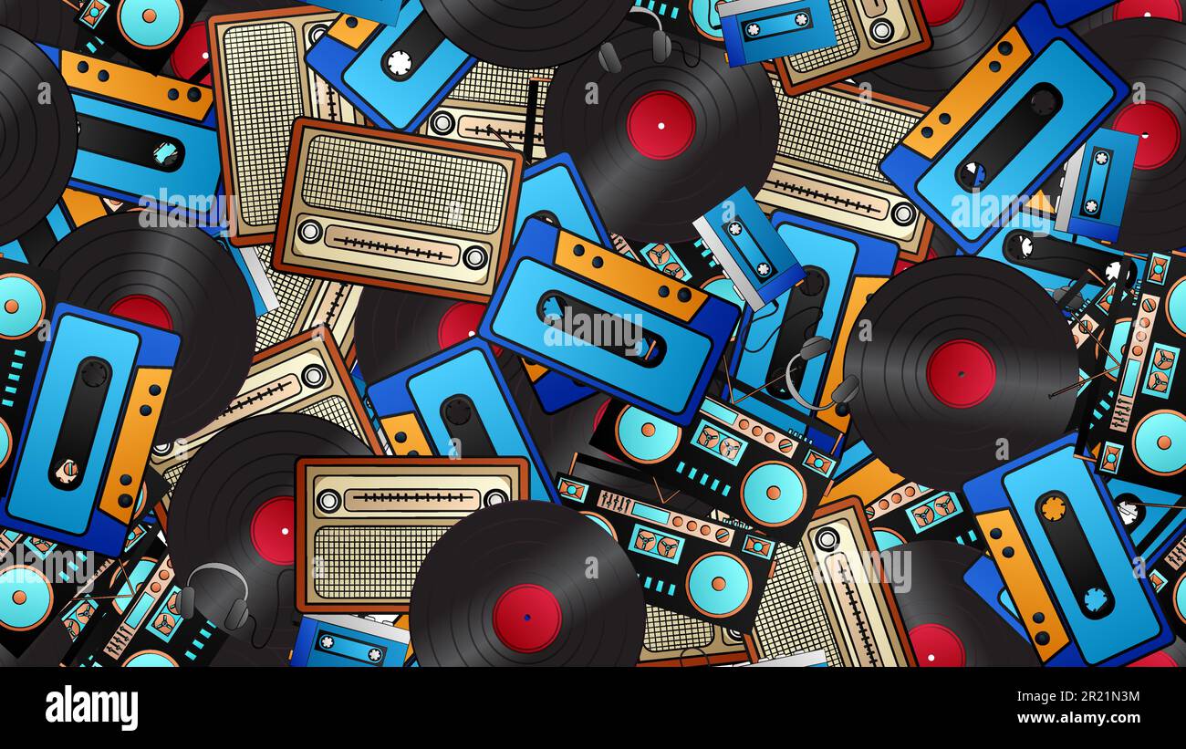 Seamless pattern of retro old hipster music audio cassette players and tape recorders vinyl records and radio from the 70s, 80s, 90s, 2000s, backgroun Stock Vector