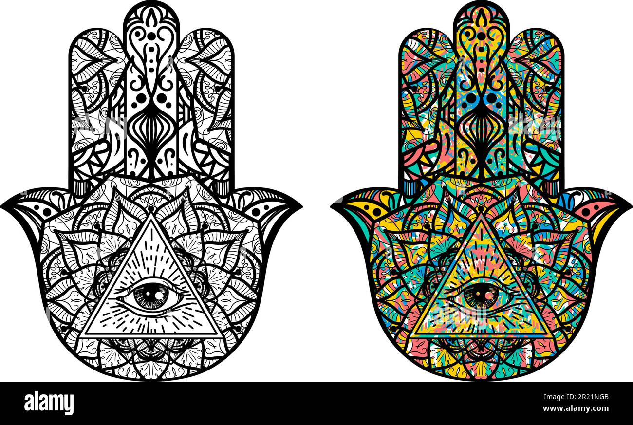 Pair of Hamsa symbol all seeing Eye inside human palm decorated with sacred ornaments. Spiritual symbols in different style. Secret sacred vector sign Stock Vector