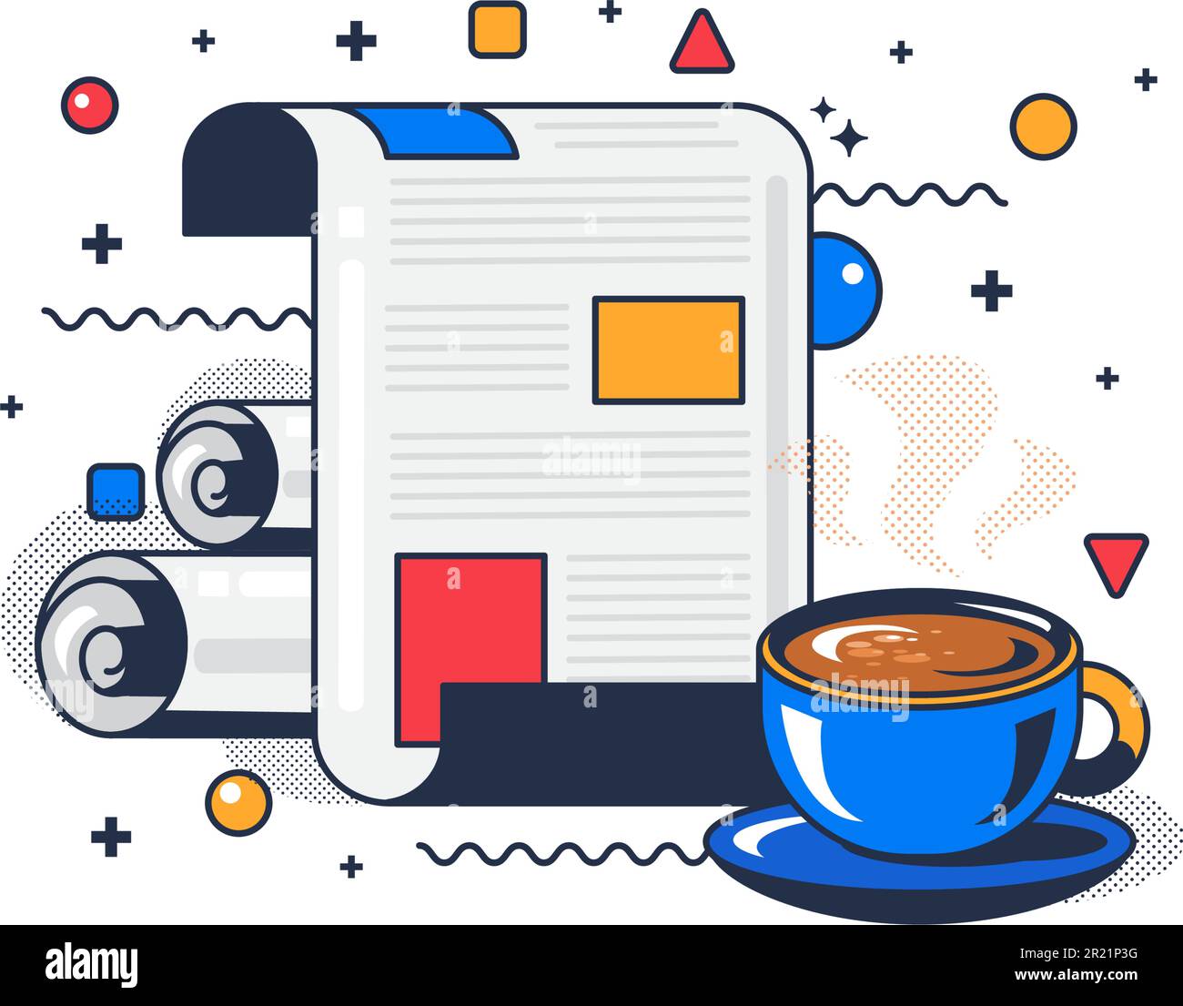 Morning news and letter read on breakfast vector. Energy drink coffee or tea cup and newspaper for reading fresh information. Enjoying beverage and re Stock Vector