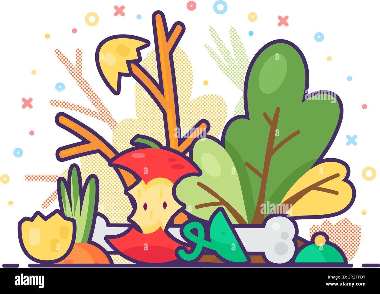 Organic waste and environmental nature vector. Apple and cucumber, carrot and bone, fruit and vegetable trash in forest under bush. Food garbage and e Stock Vector