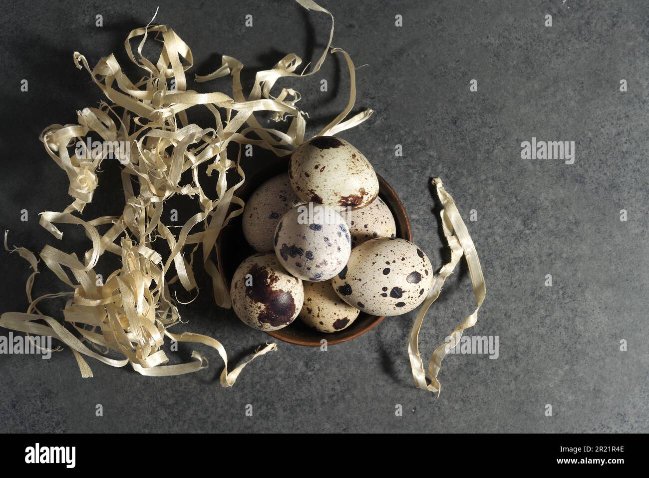 Quail eggs, fresh quail eggs and feather on table background, raw eggs egg shell Stock Photo