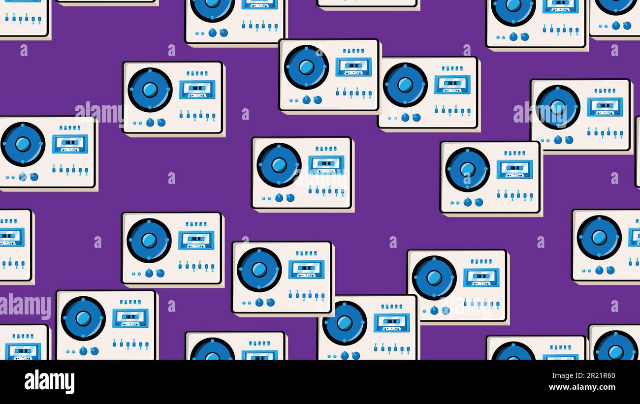 Seamless pattern endless with music audio cassette old retro tape recorders vintage hipster from 70s, 80s, 90s isolated on purple background. Vector i Stock Vector