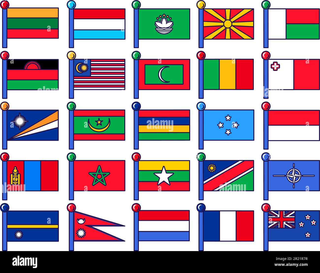 Set of flags on flagpole for registration of solemn event, meeting foreign guests. Flags of countries on staff collection. Color vector isolated on wh Stock Vector