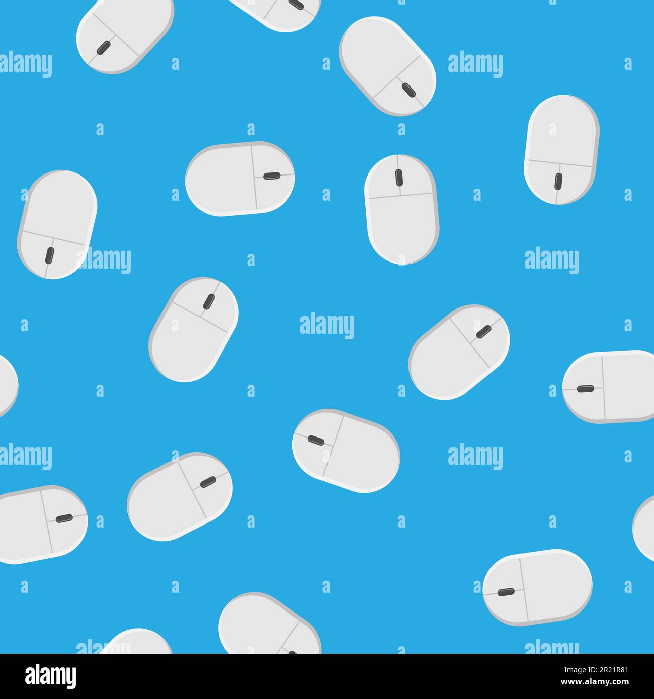 Seamless pattern, texture from modern digital wireless white two-button computer mice with a wheel, technology isolated on a blue background. Vector i Stock Vector