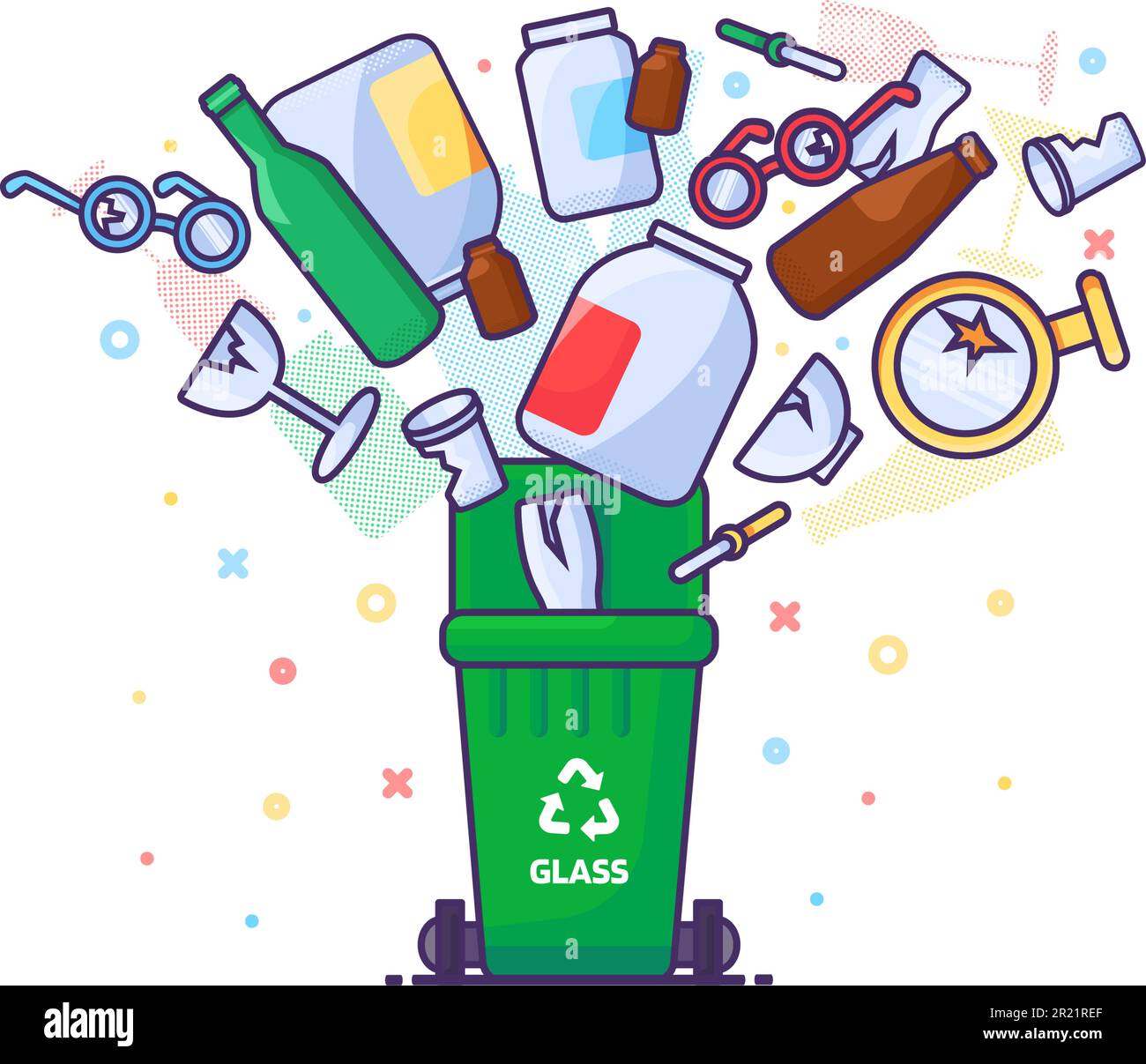 Bunch of old unwanted broken glass bottles fall into open trash can