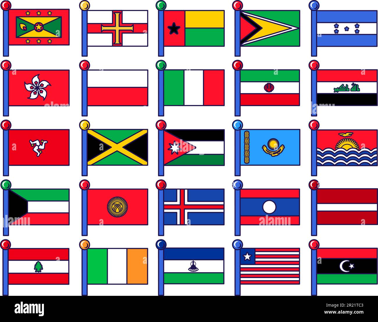 Flag different country icon collection set vector. Libya and liberia, latvia and laos, kyrgyzstan and kuwait national symbol of independence. Territor Stock Vector