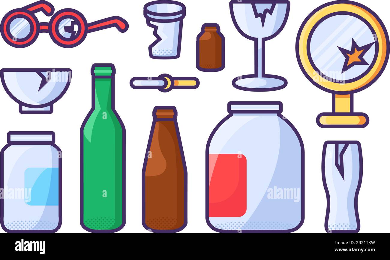 Set of broken Unwanted Glass Objects. Items out of use and subject to