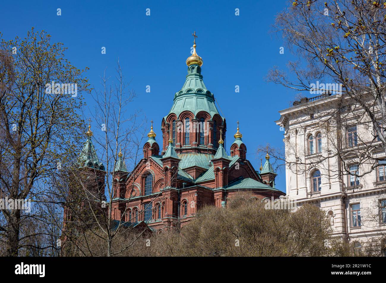 Orthodox Uspenski Cathedral against clear blue sky on a sunny spring day in Katajanokka district of Helsinki, Finland Stock Photo