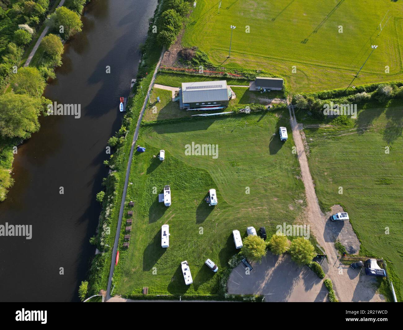 Hereford Herefordshire UK - aerial view of campsite and caravan park beside the River Wye in Hereford city - taken May 2023 Stock Photo