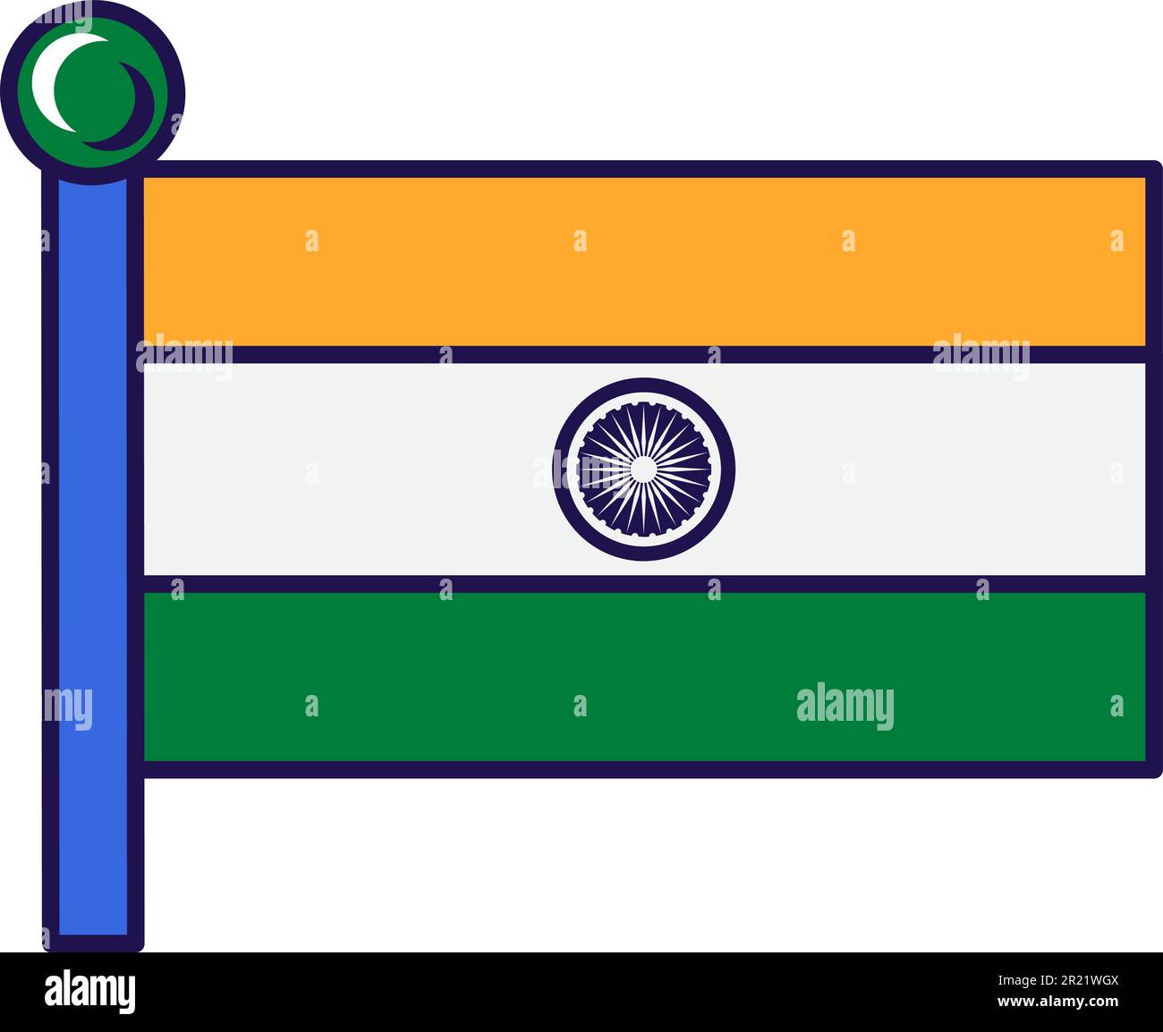 India country officially flag on flagstaff vector. Horizontal triband of indian saffron, white and green, blue navy wheel on white field. Territory tr Stock Vector