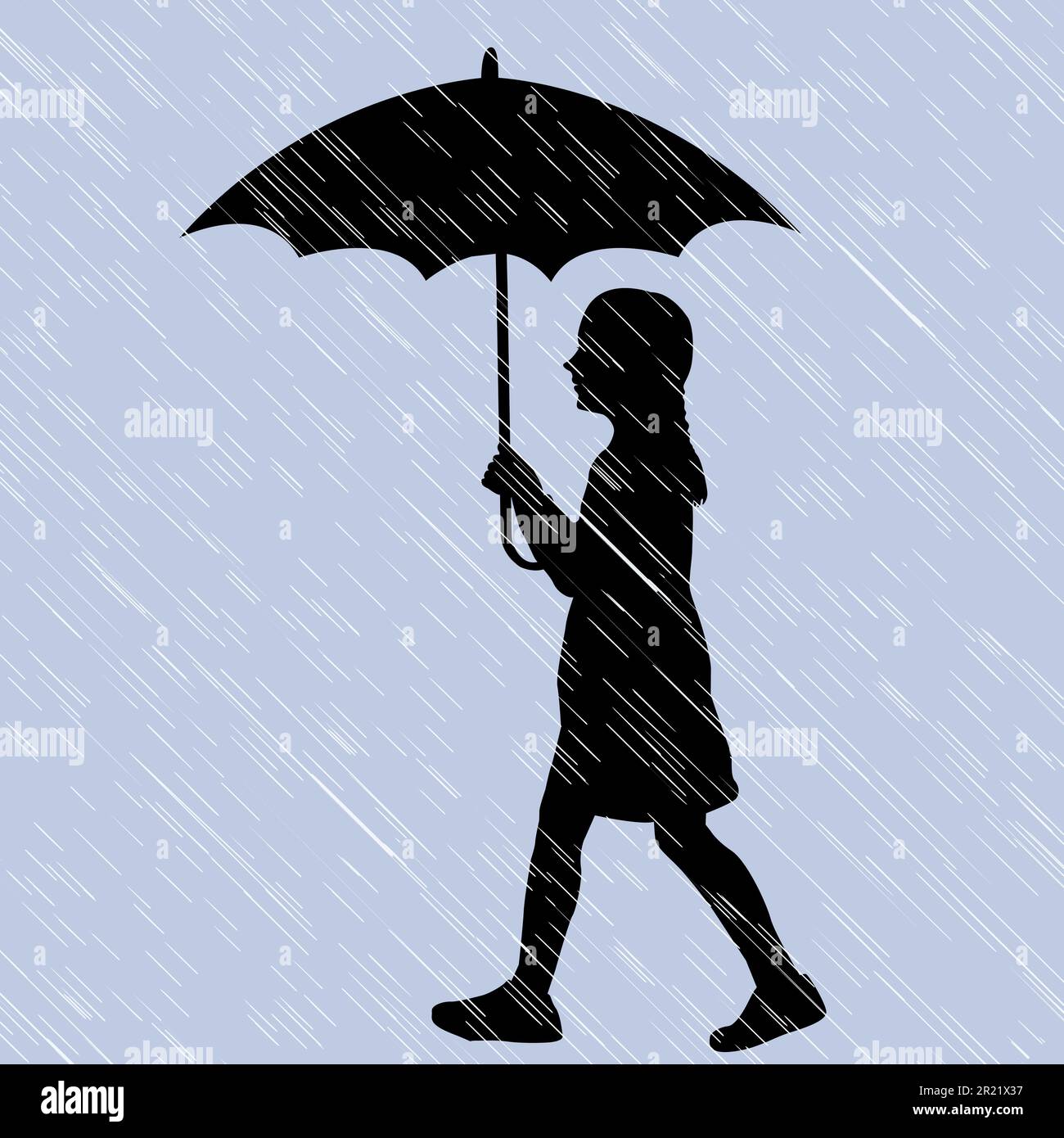 Silhouette of a girl walking through the rain with an umbrella Stock Vector