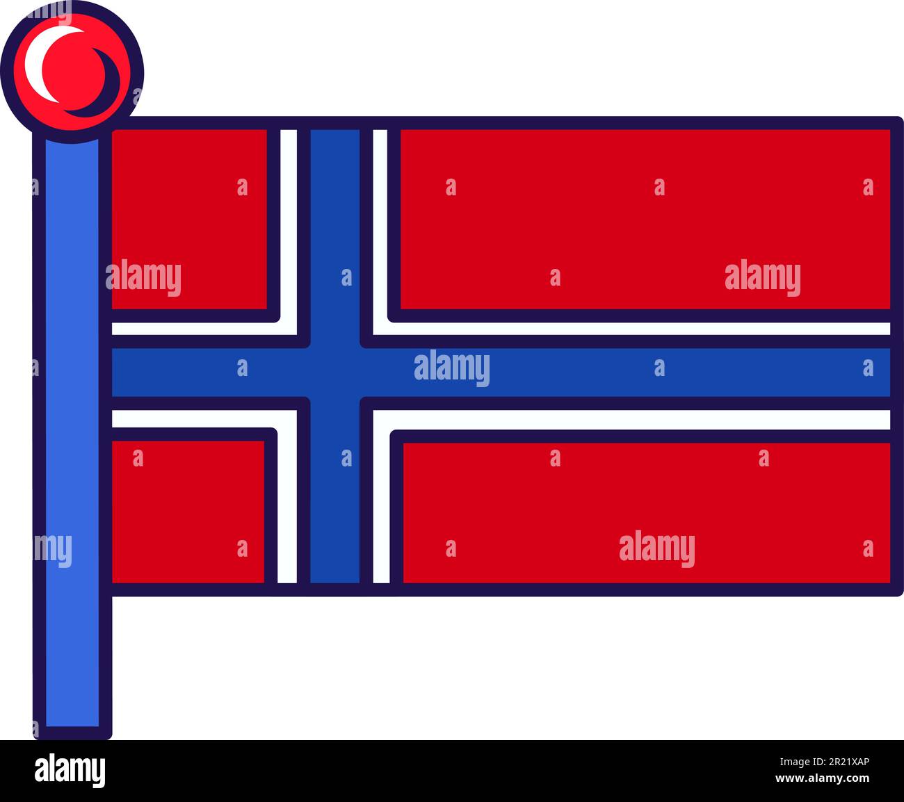 Norway kingdom national flag on flagstaff vector. Blue and white nordic cross on red field