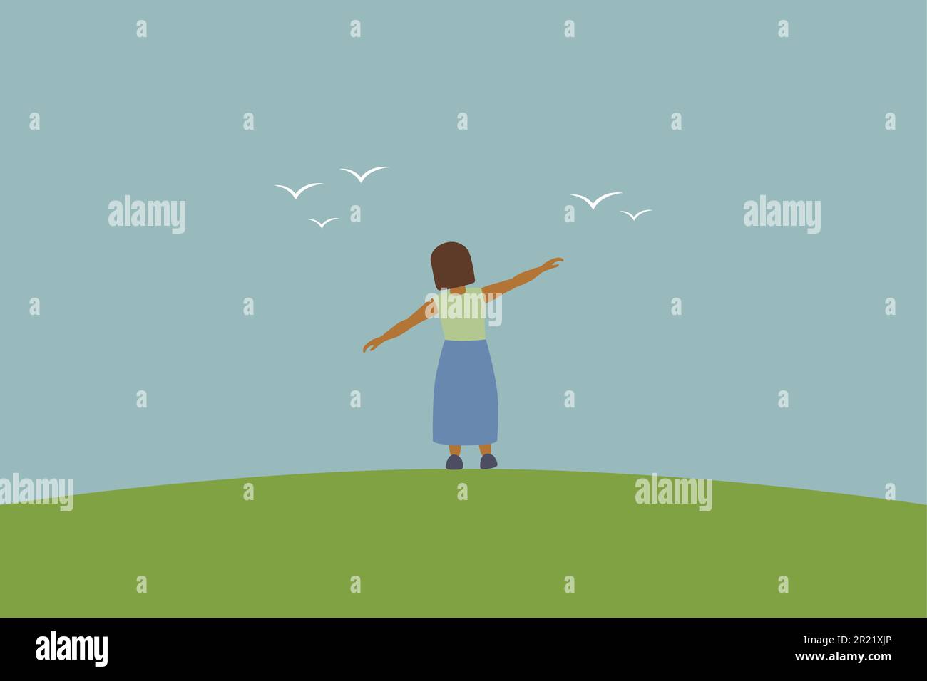 little girl dream about flying with birds in the sky Stock Vector Image ...