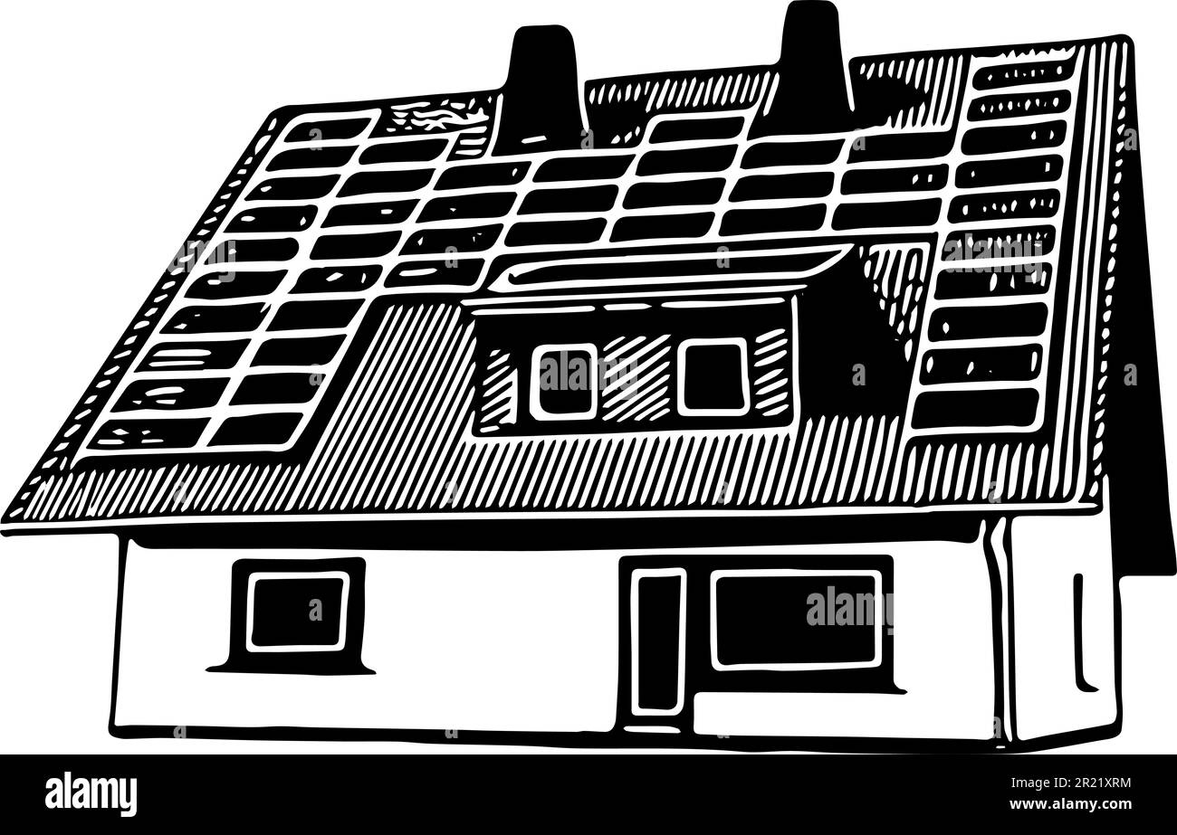Illustration of a house with solar panels on the roof. Vector of black lines in front of transparent background. Stock Vector