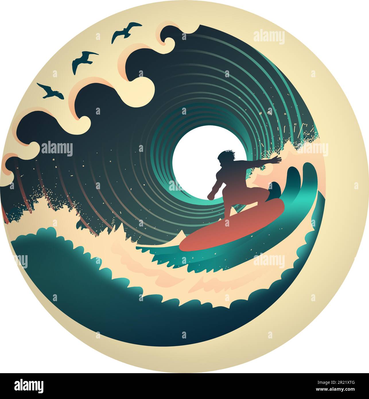Surfers on stylized waves with spray in a circle. Water power with suction effect. Beautiful detailed hand painted illustration as vector. Vintage sty Stock Vector