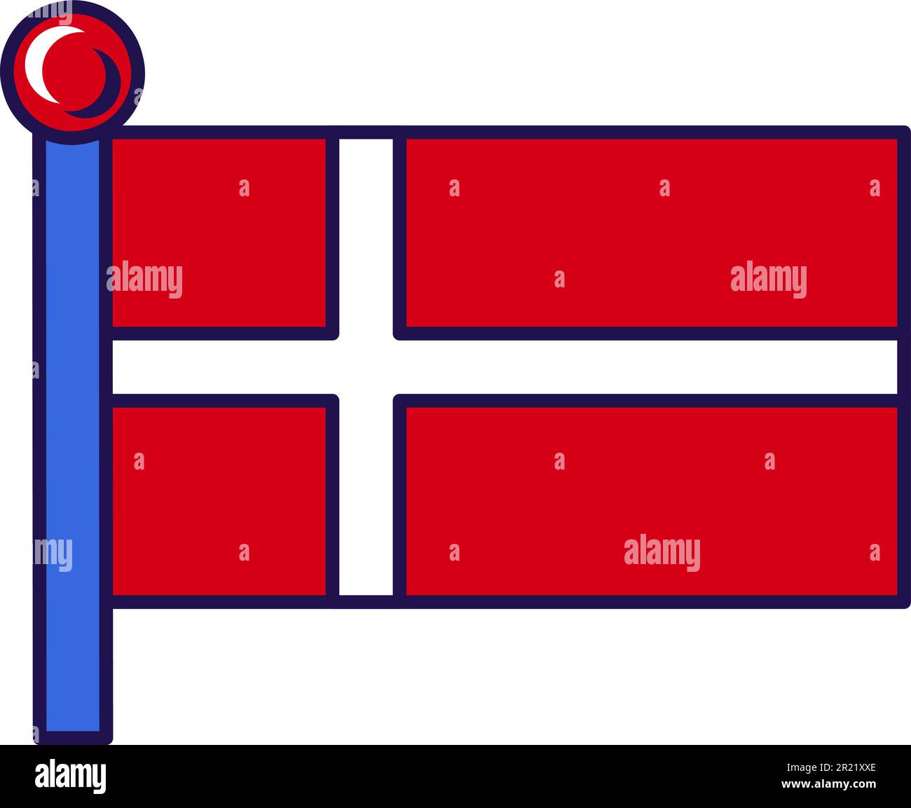Denmark country nation flag on flagstaff vector. White nordic cross on