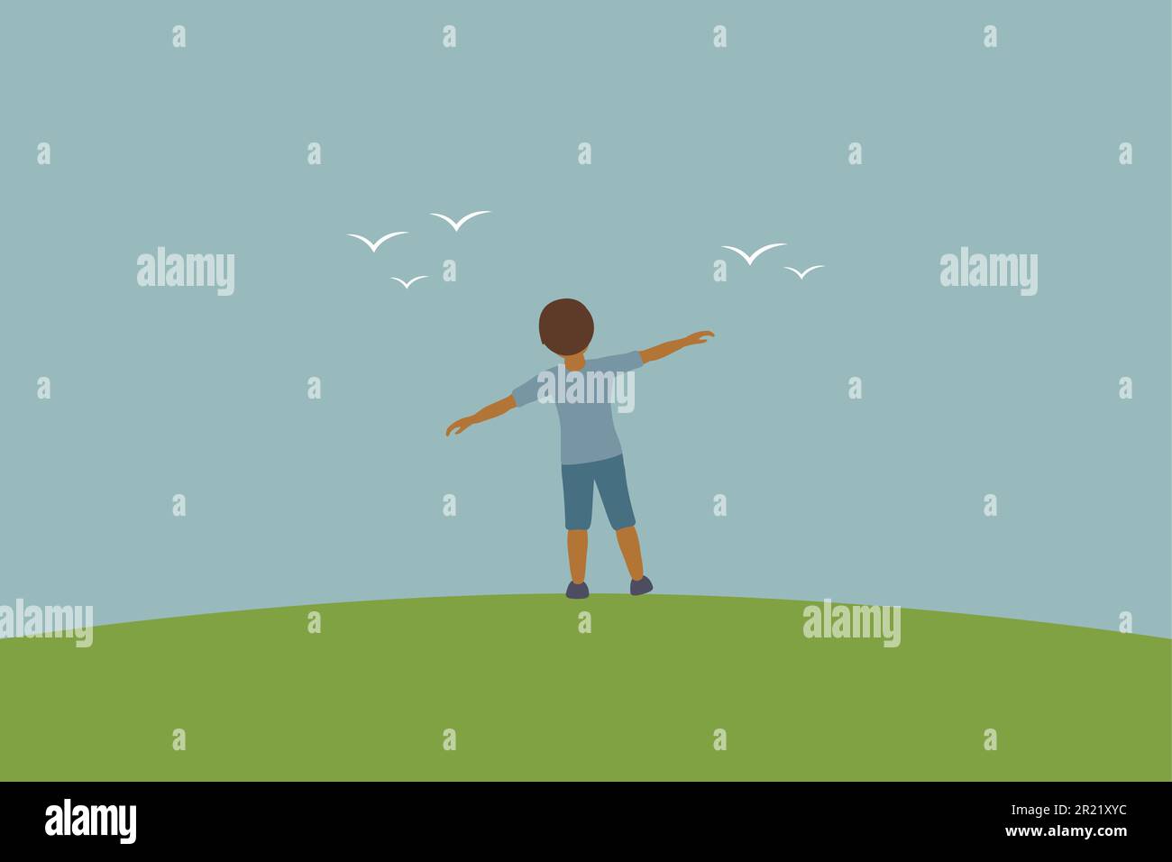 little boy dream about flying with birds in the sky at sunset Stock