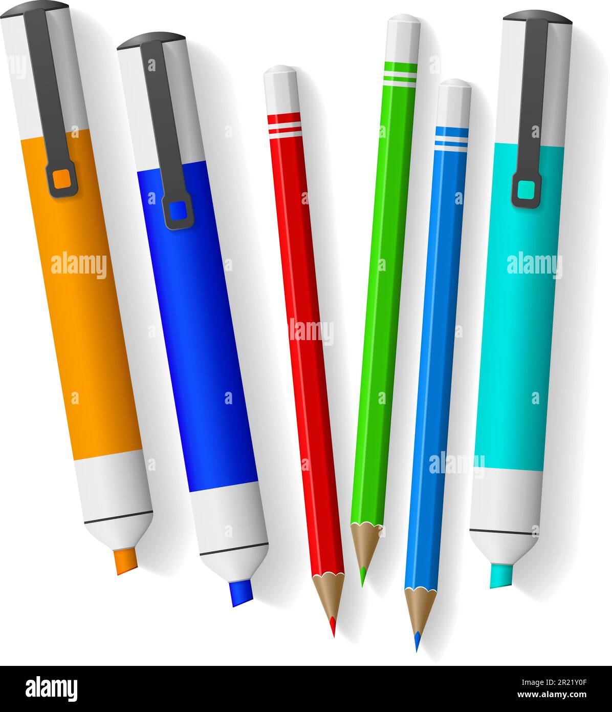 https://c8.alamy.com/comp/2R21Y0F/realistic-school-supply-office-stationery-color-highlighters-sharpened-pencils-children-painter-education-graphite-pens-and-pigment-markers-for-2R21Y0F.jpg