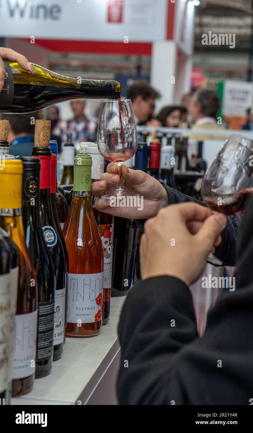 Customers and traders at the 2023 London Wine Fair at the Olympia Exhibition Centre in London