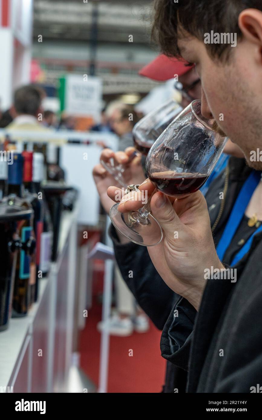 Customers and traders at the 2023 London Wine Fair at the Olympia Exhibition Centre in London