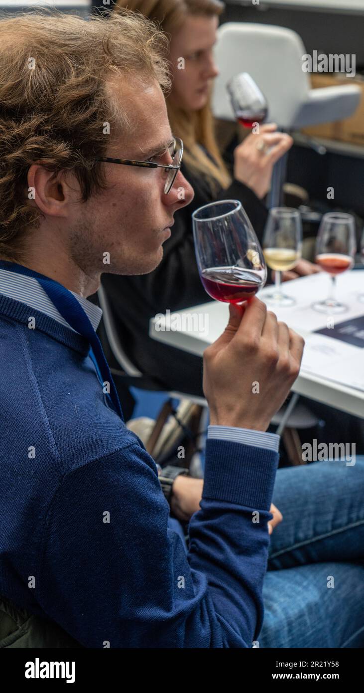 Customers and traders at the 2023 London Wine Fair at the Olympia Exhibition Centre in London