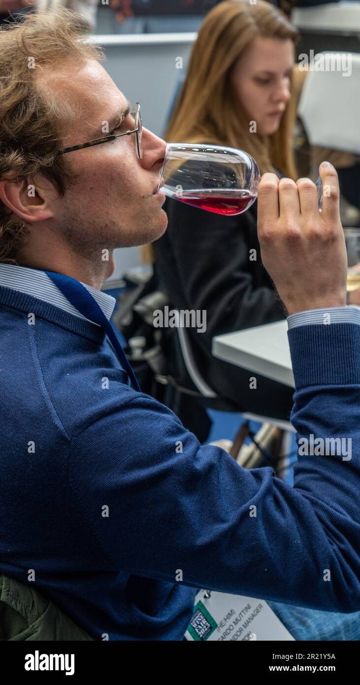Customers and traders at the 2023 London Wine Fair at the Olympia Exhibition Centre in London