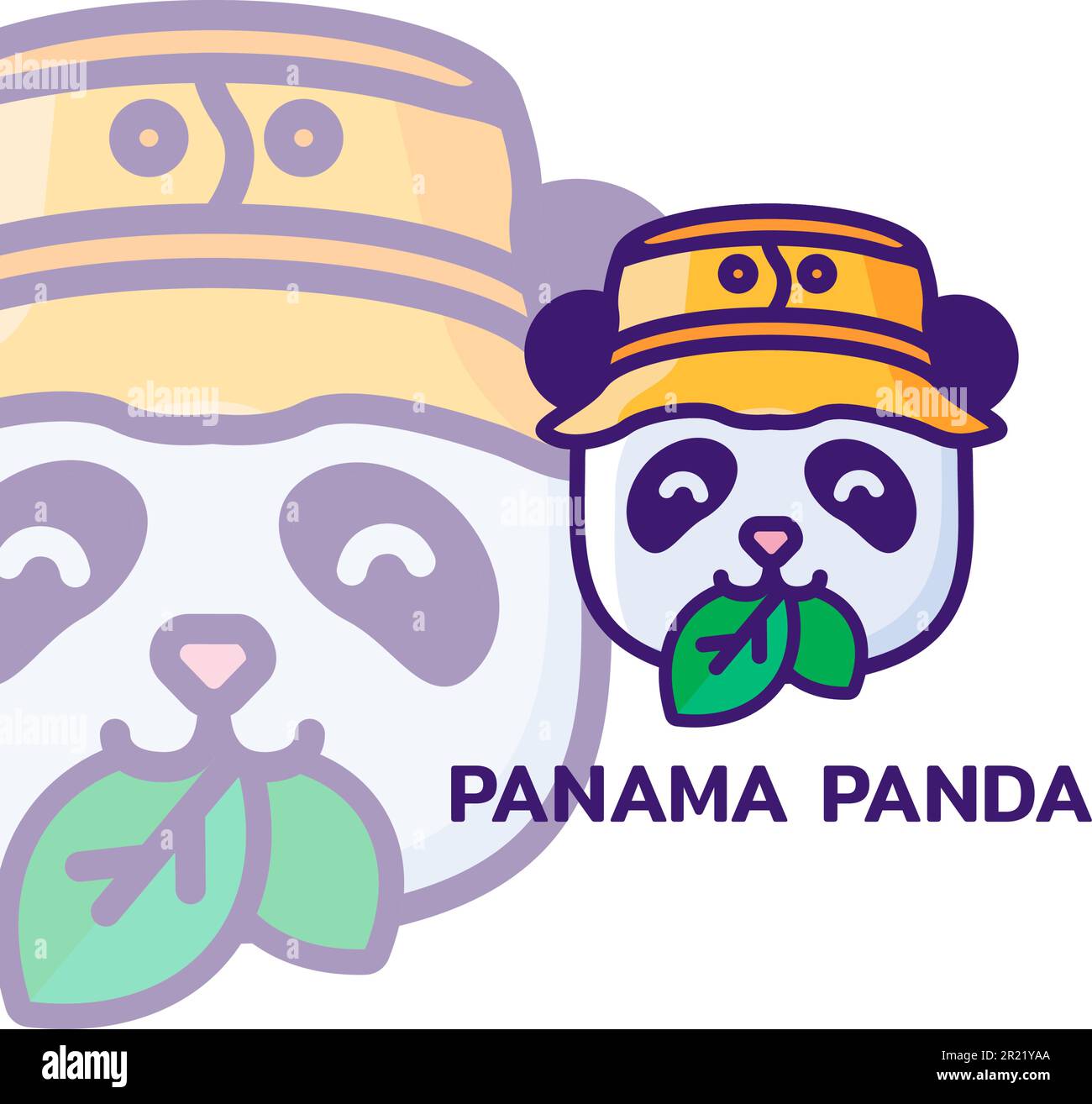Logo of cute panda in tourist hat chews juicy leaves. Symbol emblem for ...