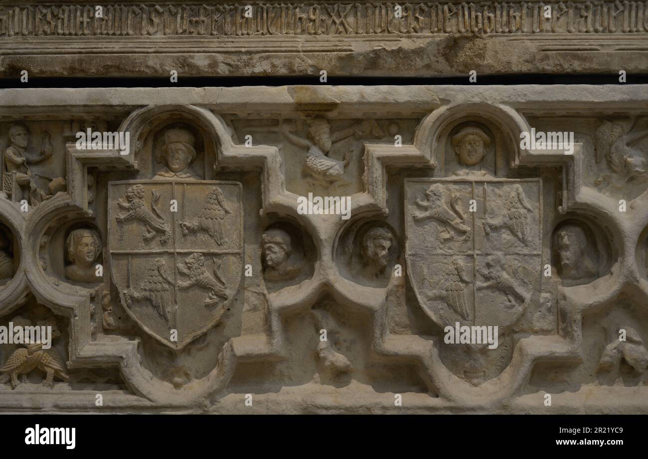 Tomb of King Ferdinand I of Portugal (1345-1383). Limestone. Detail of the Manuels' sculpted heraldic coats of arms, ca. 1382. From the Convent of Sao Francisco (Santarém, Portugal). Carmo Archaeological Museum. Lisbon, Portugal. Stock Photo