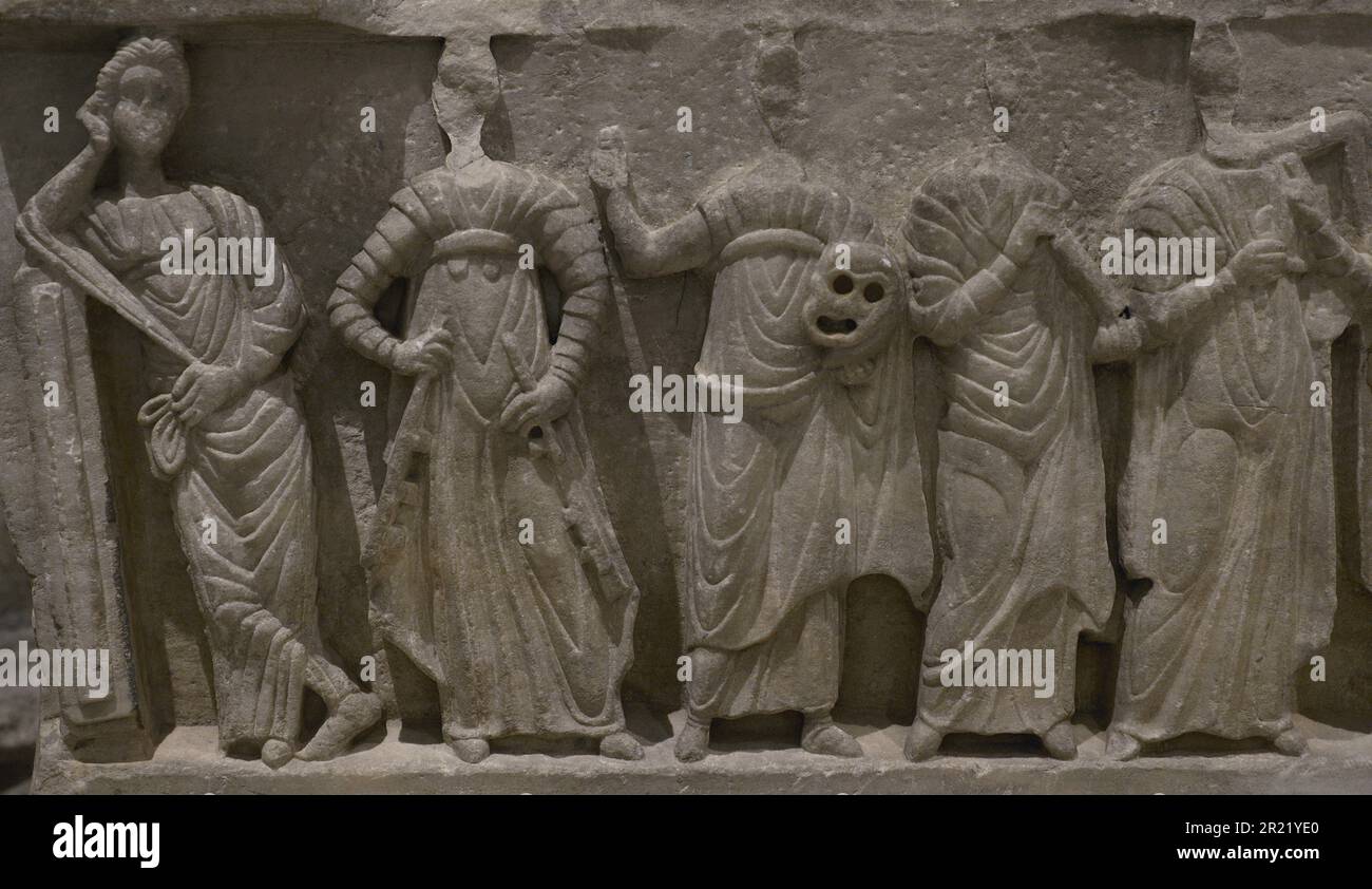 Muse Sarcophagus. 3rd-4th centuries. Marble. Decorated with reliefs depicting the muses of theatre and music, on either side of a central male figure and funerary geniuses at both ends. Detail of the right-hand side: funerary genius, Erato, Calliope, Thalia, Euterpe and Polyhymnia. Valado dos Frades, Alfeizeriao (Alcobaça, Portugal). Carmo Archaeological Museum. Lisbon, Portugal. Stock Photo