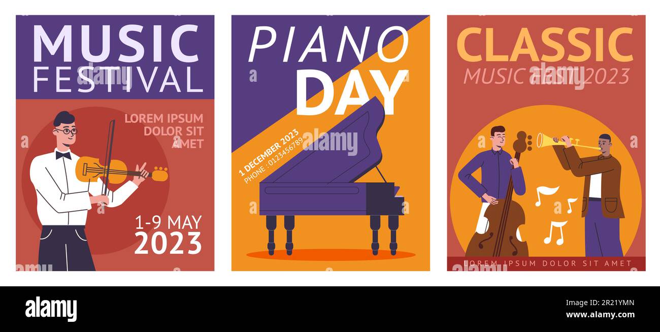 Classic music concert posters. String and wind instruments. Musicians