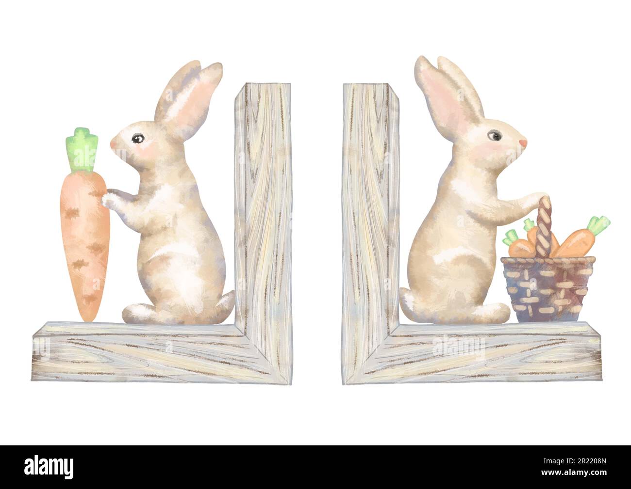 Color illustration of two wooden bookends with figurines of sitting ...