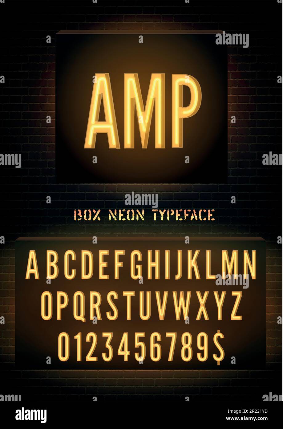 AMP sign and orange neon box font with numbers on vector dark brick