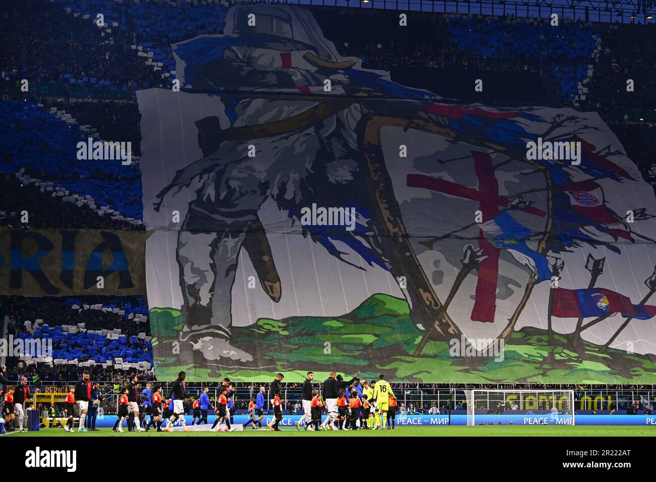Milan, Italy. 16 May 2023. Fans of FC Internazionale in sector 'Curva Nord' show a giant tifo prior to the UEFA Champions League semifinal second leg football match between FC Internazionale and AC Milan. Credit: Nicolò Campo/Alamy Live News Stock Photo