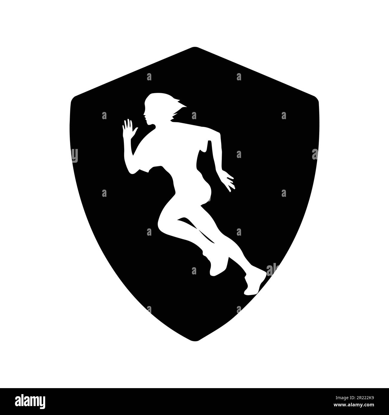 Running woman side view. vector illustration. inside the shape of shield black color. Stock Vector