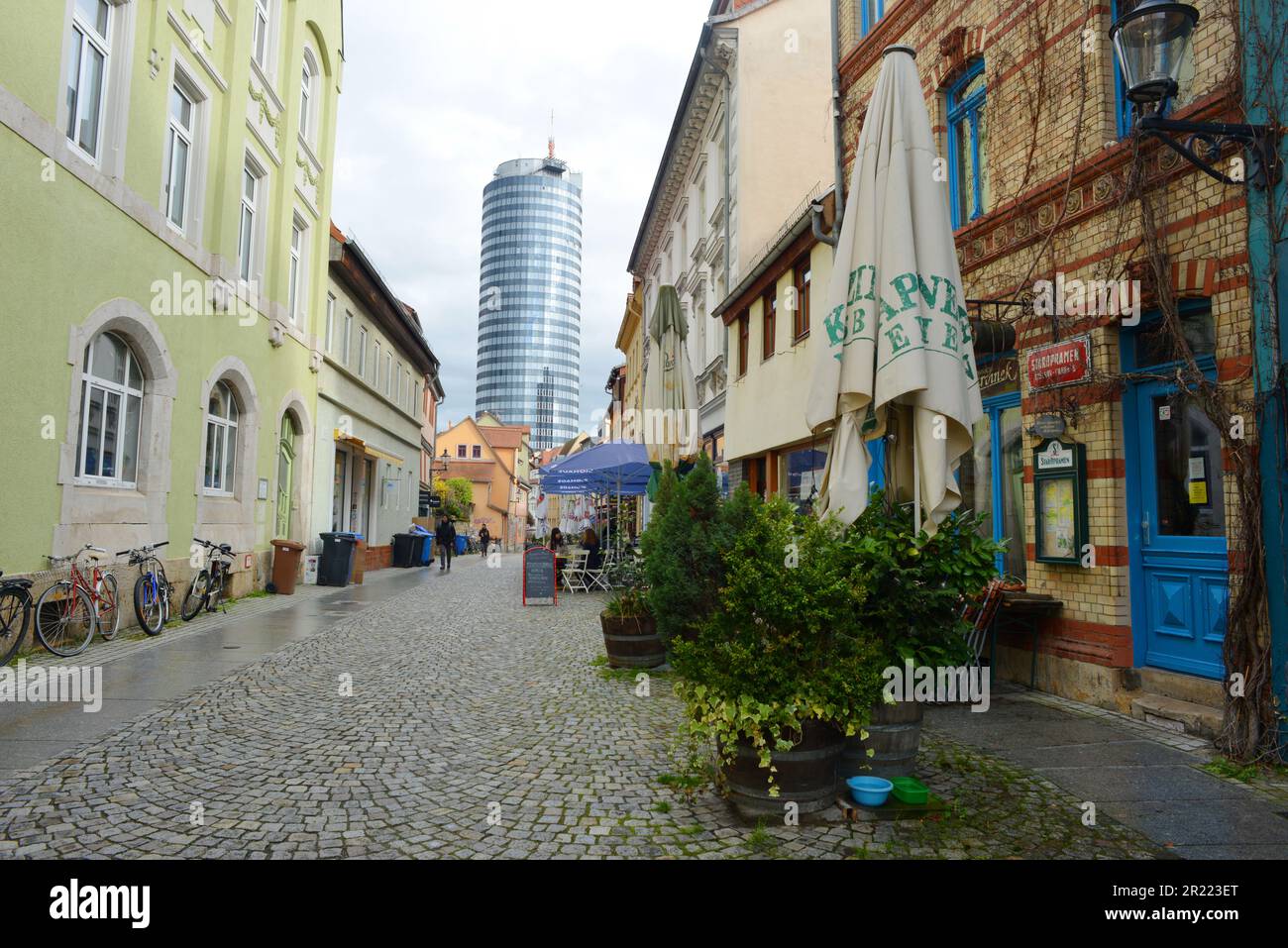 Jena, Germany, town center, Wagner street and view to the Jentower Stock Photo