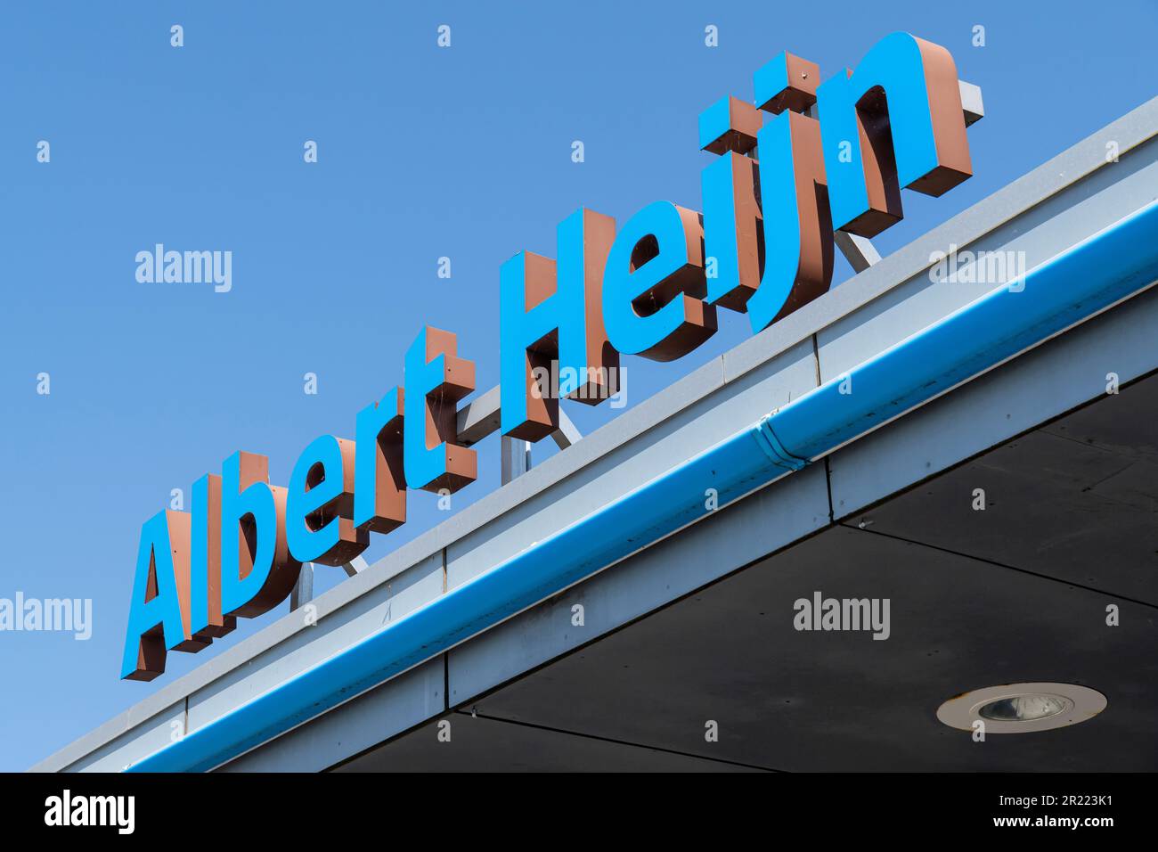 Albert Heijn lettering at branch. Albert Heijn is the largest supermarket chain in the Netherlands. Stock Photo
