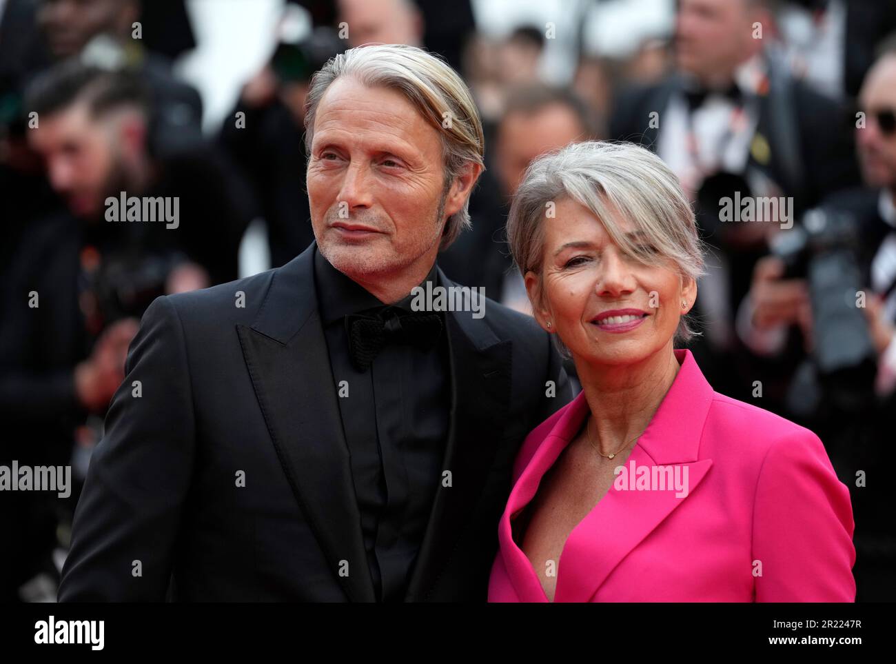 Mads Mikkelsen, left, and Hanne Jacobsen pose for photographers upon  arrival at the opening ceremony and the premiere of the film 'Jeanne du  Barry' at the 76th international film festival, Cannes, southern