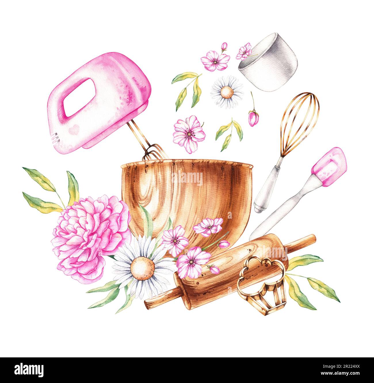 Composition of baking tools and flowers on a white background. Mixer