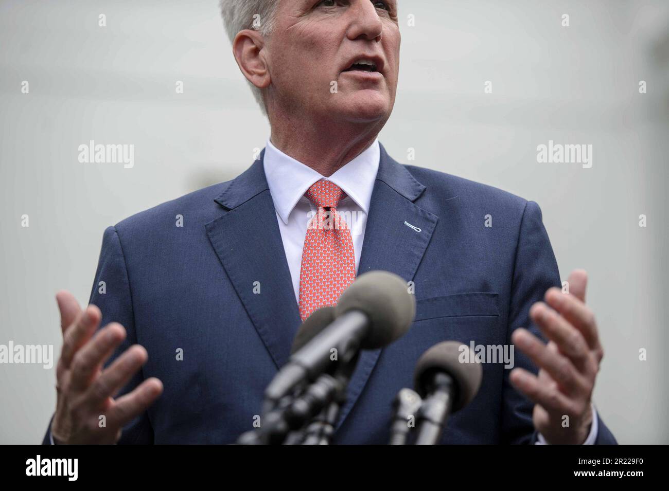 Washington, United States. 16th May, 2023. Speaker of the House Kevin McCarthy, R-CA, speaks outside the Oval Office after speaking with President Joe Biden on debt ceiling negotiations at the White House in Washington, DC on Tuesday, May 16, 2023. Photo by Bonnie Cash/UPI Credit: UPI/Alamy Live News Stock Photo