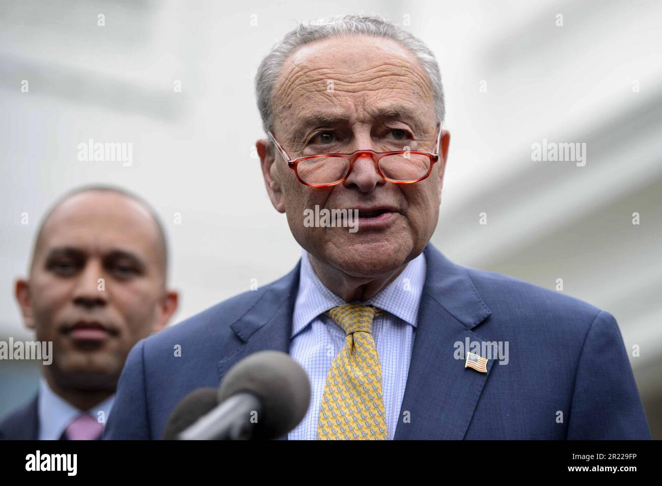 Washington, United States. 16th May, 2023. Senate Majority Leader Chuck Schumer, D-NY, speaks outside the Oval Office after speaking with President Joe Biden on debt ceiling negotiations at the White House in Washington, DC on Tuesday, May 16, 2023. Photo by Bonnie Cash/UPI Credit: UPI/Alamy Live News Stock Photo