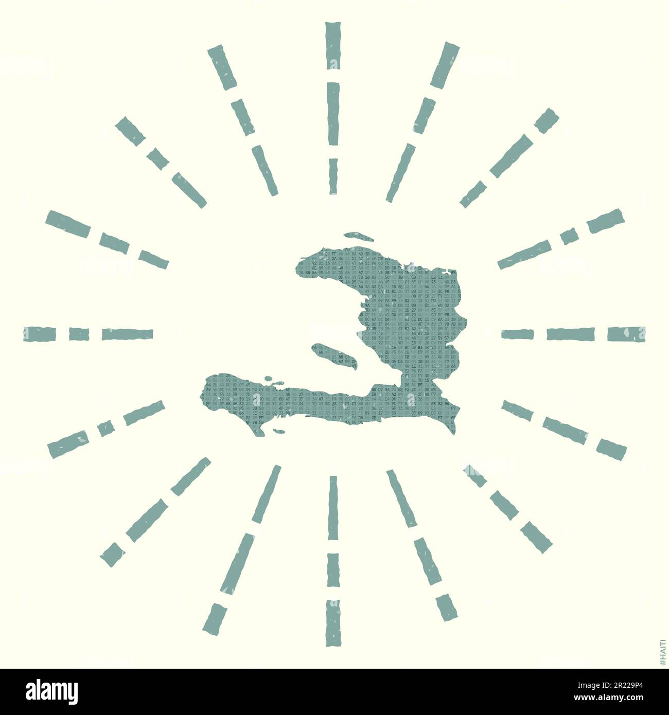 Haiti Logo. Grunge sunburst poster with map of the country. Shape of Haiti filled with hex digits with sunburst rays around. Stock Vector