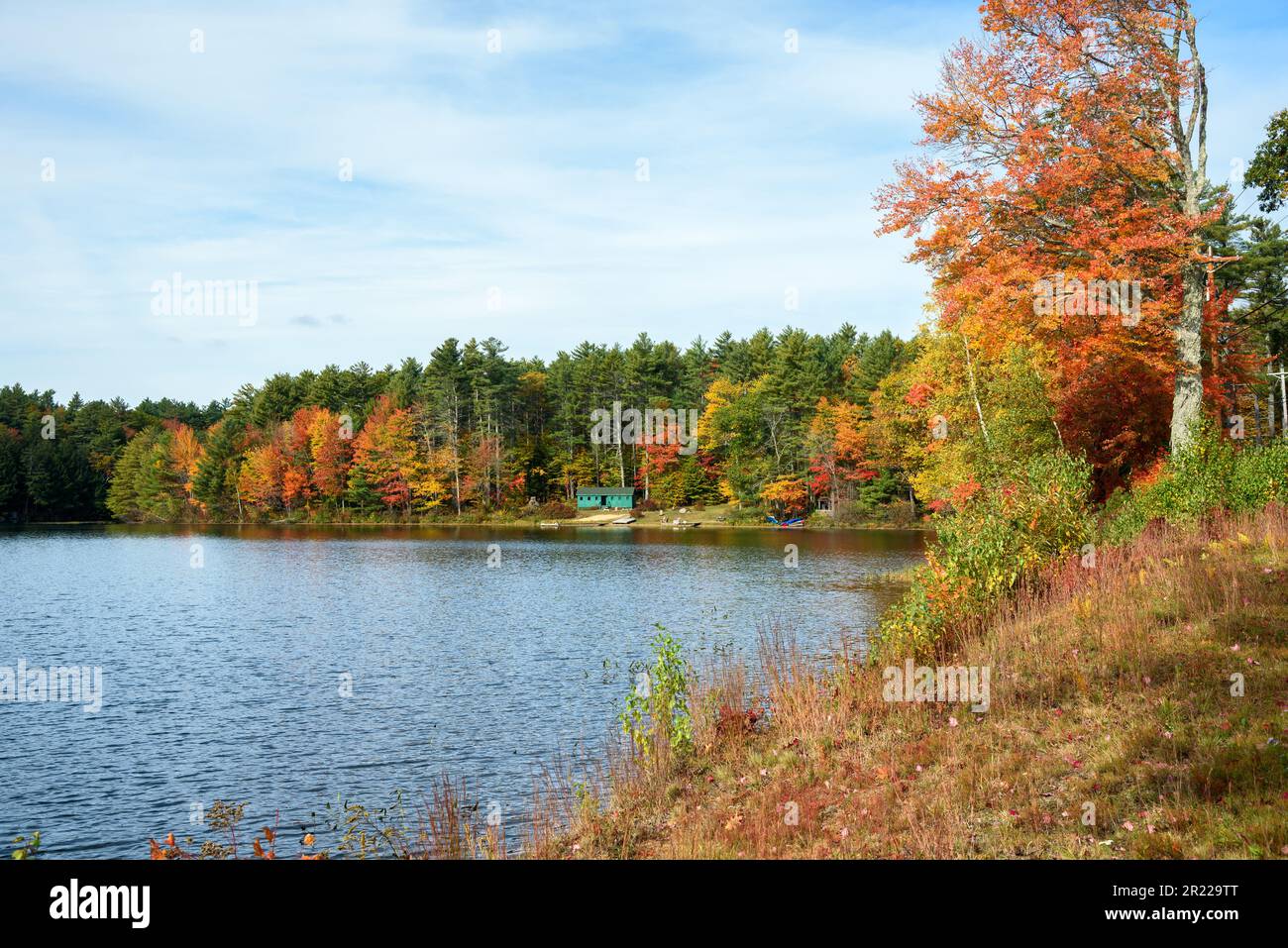 Beautiful lake surrounded by a thick forest in autumn. A holiday cabin is visible among the trees near the shore of the lake. Stock Photo