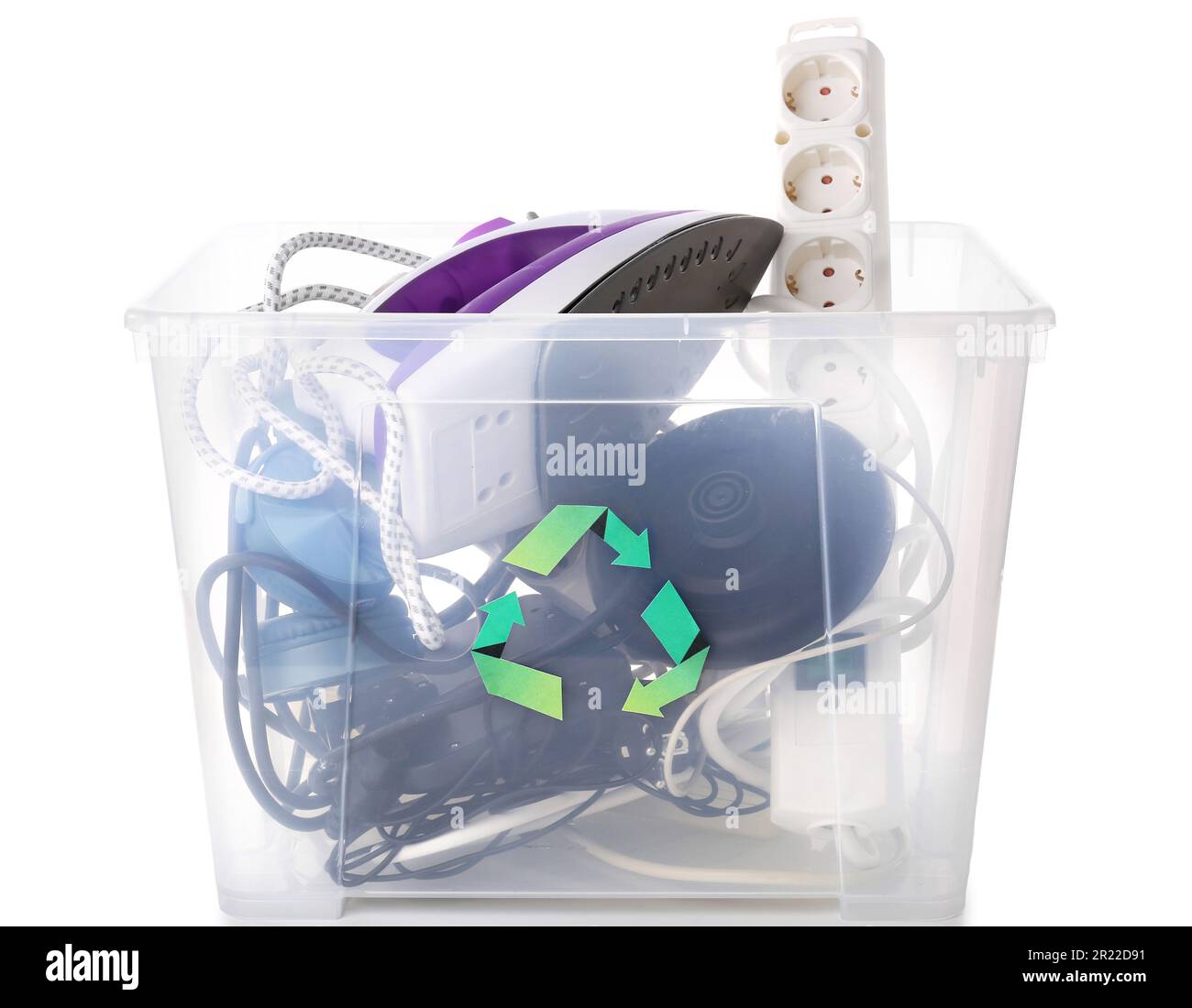 Recycle bin with different household appliances on white background