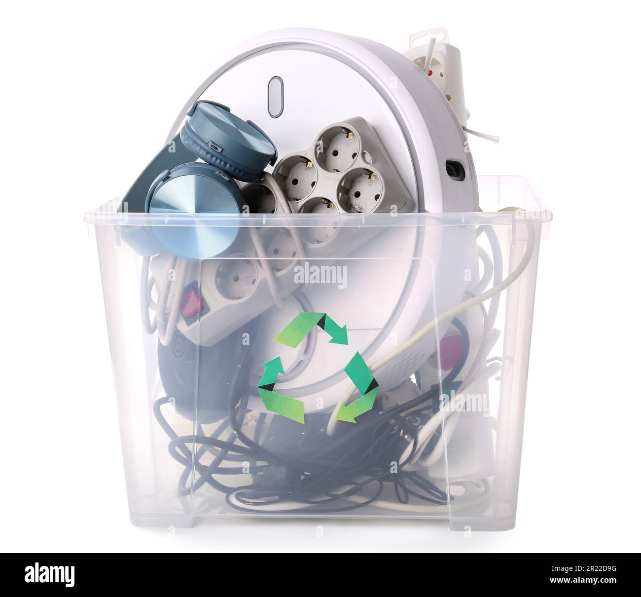 Recycle bin with different household appliances on white background